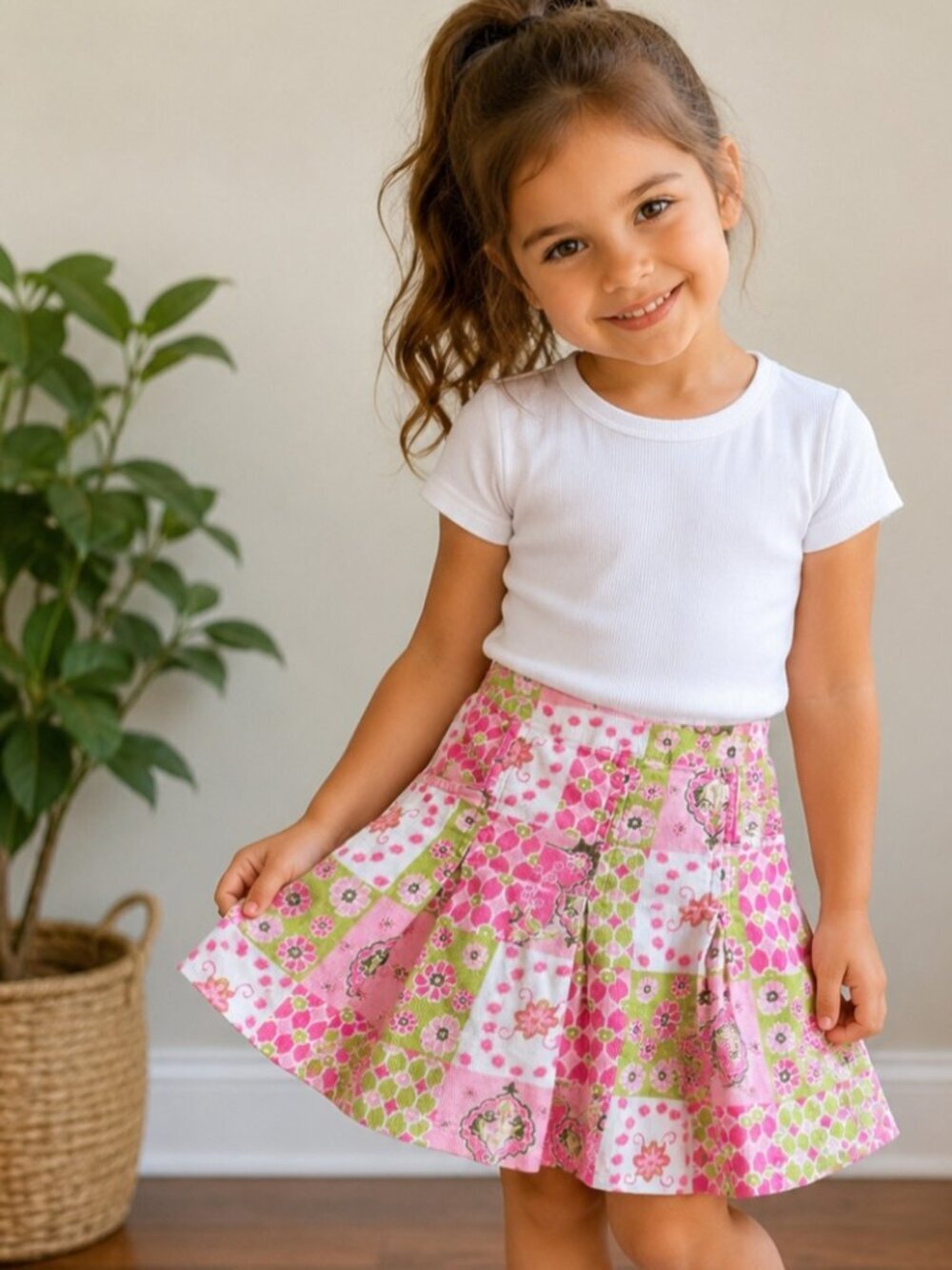 Hartstrings Cotton vintage pink floral lime green pockets Patchwork skorts 7